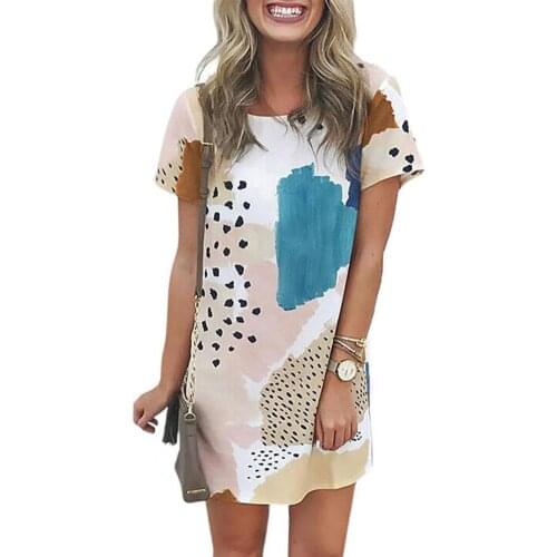 Summer Women Dress Leopard Print Contrast Color Summer Round Neck Short Sleeve Dress Streetwear Beach Holiday