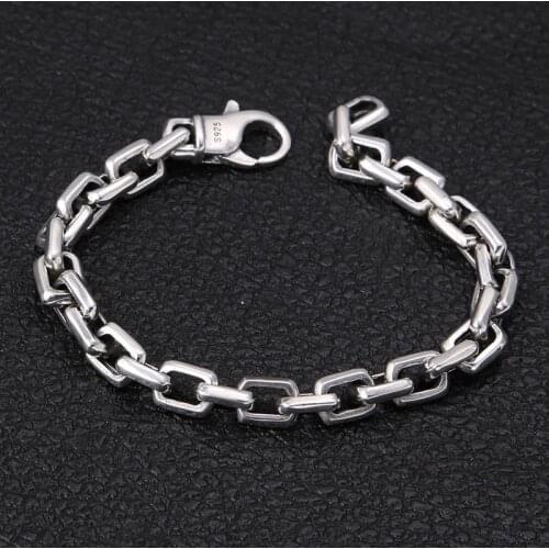 Real 925 Sterling Silver color Bracelets Man High Polish Curb Link Chain Bracelet for Men Vintage Punk Rock Biker Mens Jewelry