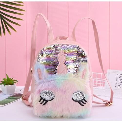 Unicorn Plush Backpacks for Children Sequins Baby Girls Cartoon PU Rainbow Schoolbags for Kids Shoulders Bag Child Birthday Gift