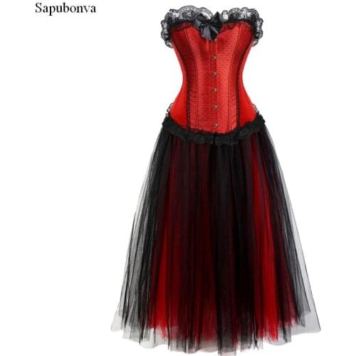 Sapubonva corset dress long cosplay costume plus size mesh skirt set tank lace up overbust corsets bustiers top sexy vintage red