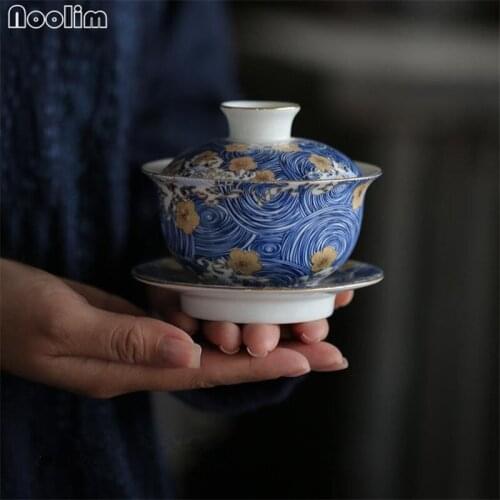 Blue and White Porcelain Enamel Color Teacup Hand Painted Ceramic Tea Tureen Office Kung Fu Drinkware Chinese Gaiwan