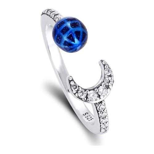 Blue Earth an Moon Open Ring 925 Sterling Silver Jewelry Wedding Bands Rings for Women Gift 2020 New R254