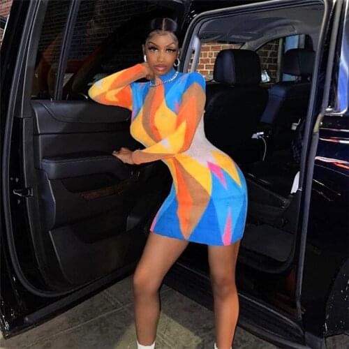 SKMY 2021 Autumn Women Clothing New Fashion Multi-Color Printing Patchwork Slim Long Sleeve Bodycon Dress Party Sexy Clubwear