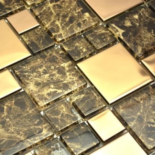 Brown color glass mixed golden stainless steel metal tiles square mosaic for kitchen backsplash tile bathroom shower tile