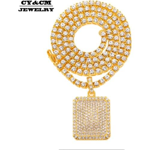 Full Iced Out Rhinestone Gold Silver Color Dog Army Tag Pendant Tennis Chain Hip Hop Bling Necklace Jewelry Necklaces for Mens