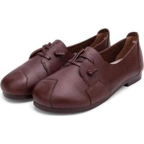 2020 new breathable genuine leather flats shoes woman Lace Up Round Toe soft Retro Comfortable Classics drive shoes for women