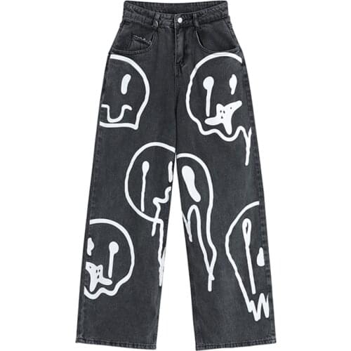 New Spring Ins Street Hip-hop Printing Wash Jeans Loose Casual Denim Wide Leg Pants