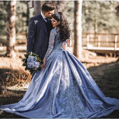 Vintage Muslim 2019 Blue Lace Prom Dresses With Full Sleeves Puffy Ball Gowns Saudi Arabic Prom Gowns Lace Up Vestido Formatura