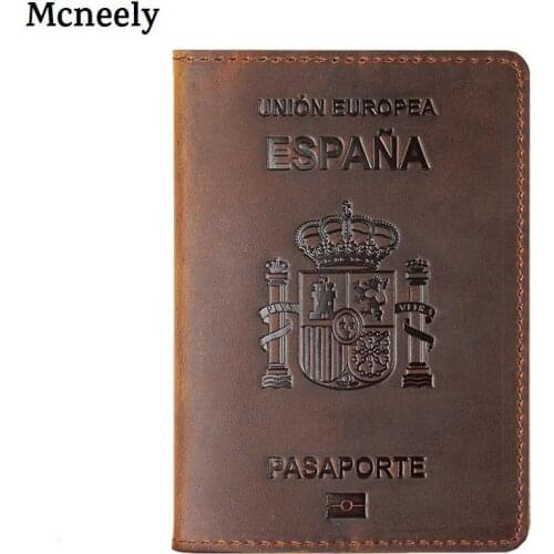 Vintage Crazy Horse Leather Spain Passport Cover Card Holder Men Passport Case Unisex Genuine Leather Espana Travel Wallet