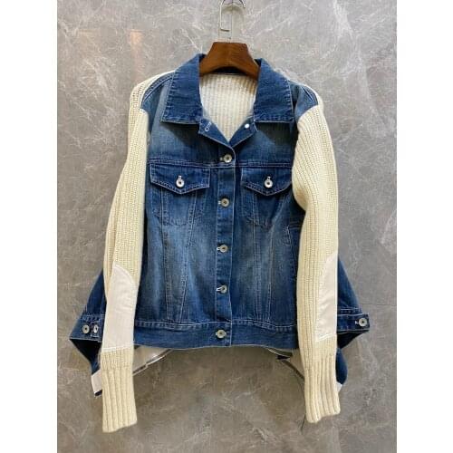 Spring High 2021 Quality Women Wool Knitted Patchwork Denim Jacket For Female Casual Loose Outerwear Coat Tutu