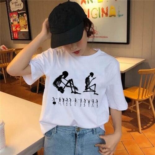 2021 T-Shirt Women Summer Top Short Sleeve Kawaii 90s Female Ladies Tee Shirt Skulls Dancing Print Oversized White T-Shirt