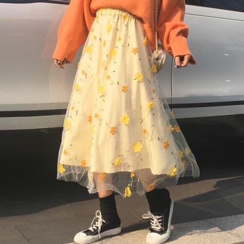 Yellow 3D Flower Lace Skrit Women High Waist Mesh Skrit Female elegant Midi tulle skirt Sweet Cute Student Wear saia DQ1318