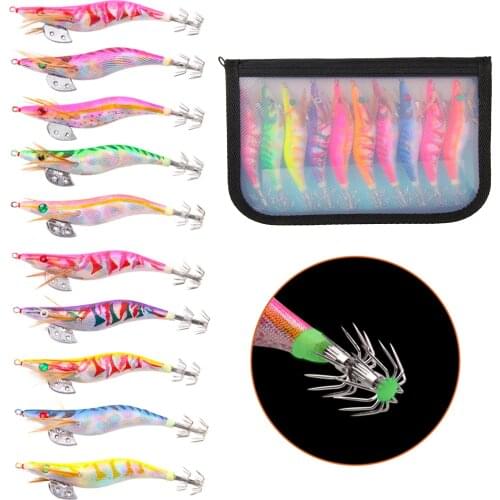 10pcs 10cm-13.5cm Luminous Squid Jigs Hook Wooden Shrimp Artificial Hard Fishing Lures Fishing Bait