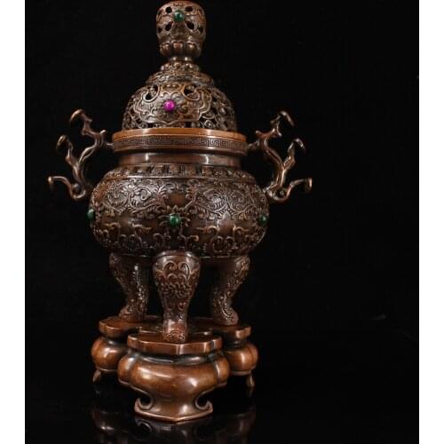 12" Tibet Buddhism Old Bronze Gem Three foot incense burner Lotus pattern Ganoderma Handle Three-tiered incense burner Enshrine