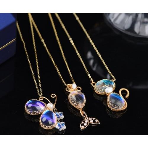 14K White Moonstone Necklace Woman Glass Hand-Wrapped Silk Butterfly Kitten Fish Tail Cute Lady Fashion Trend Necklace Jewelry