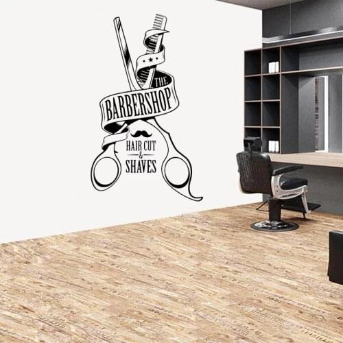 Barber Shop Salon Sign Wall Sticker Vinyl Barbershop Hair Cut & Shaves Wall Decals Interior Decoration Murals Wallpaper