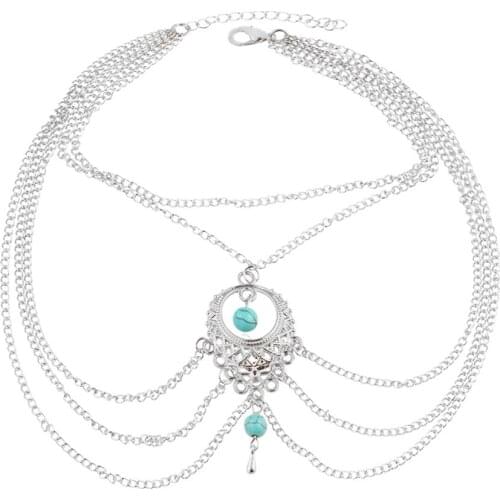 Blue Beads Anklet Silver Color Hollow Flower Charm Foot Jewelry Link Chain Tassel Barefoot Sandals Leg Ankle Bracelets For Women