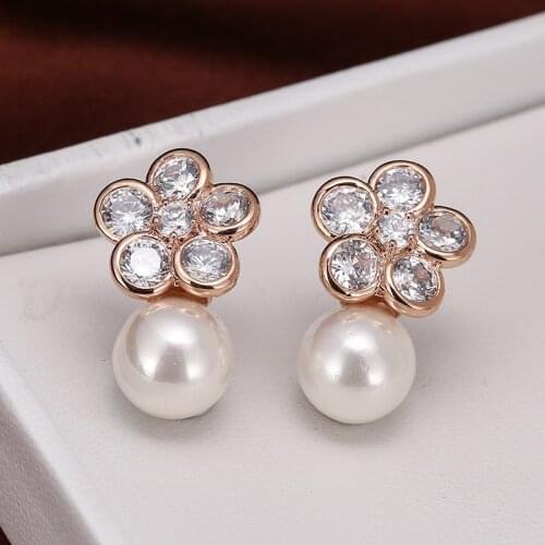 DE230 Fashion Street Snap Delicacy 4A Zircon Flower Pearl Earrings GIRLS Gift Party Banquet WOMENS Jewelry Earrings 2021