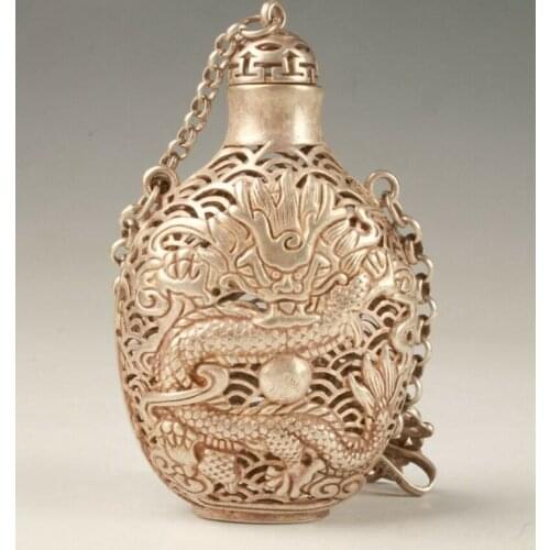 OLD TIBETAN SILVER CARVING DRAGON STATUE SNUFF BOTTLE HOLLOW PENDANT STATUE