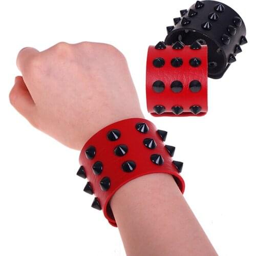 Leather Spike Bangle Punk Wide Snap Button Wrap Bracelets Wristband For Men Women Gothic Rock Punk Bangle