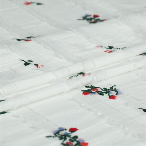 Embroidery red small floral on white pure cotton tassel fabric,sewing for shirt,blouse,dress,skirt,curtain,craft by the yard