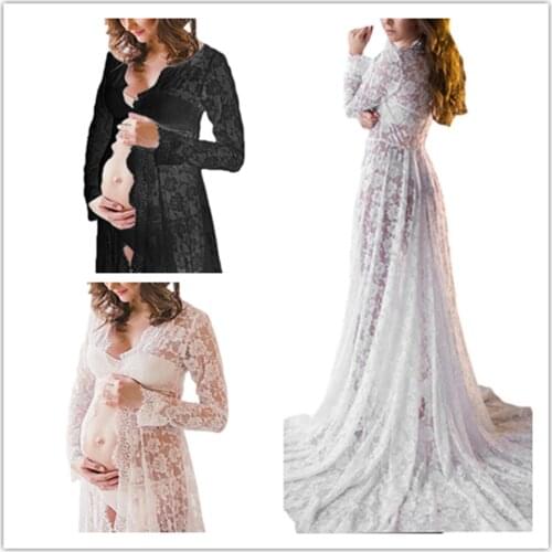 Maternity Lace Gauze Dress Long Sleeve V-Neck Tail Skirt Pregnant for Photography New Pregnant Women Lace Long Maxi Dress