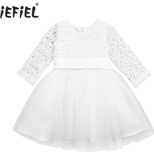 Infant Baby Girls Princess Dress Round Neck Lace Spliced Bowknot Girls Tutu Dress Wedding Bridesmaid Birthday Party Baby Dress
