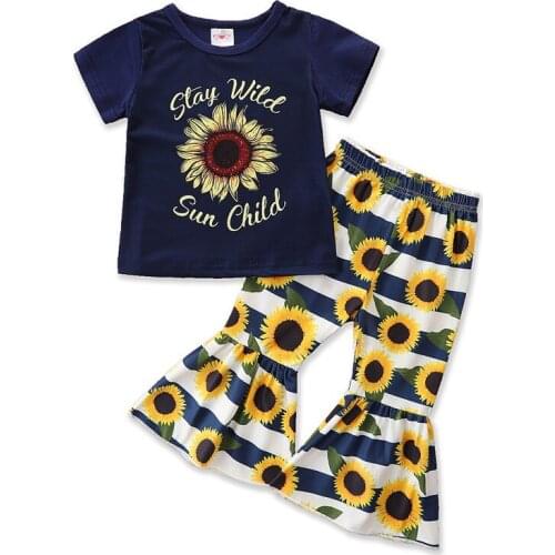 Summer Girl Set Sunflower Print T-shirt + Flare Bottom Pants Suits for Kids