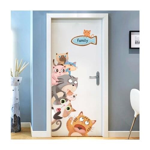 Cute Cat Door Stickers Cartoon Animal Wall Sticker Kids Baby Rooms Home Decor Poster Wallpaper