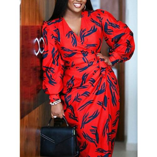 Women Printed Dress Bodycon Long Sleeve Elastic High Waist V Neck Elegant Office Ladies Classy Work Wear Female Vestidos African