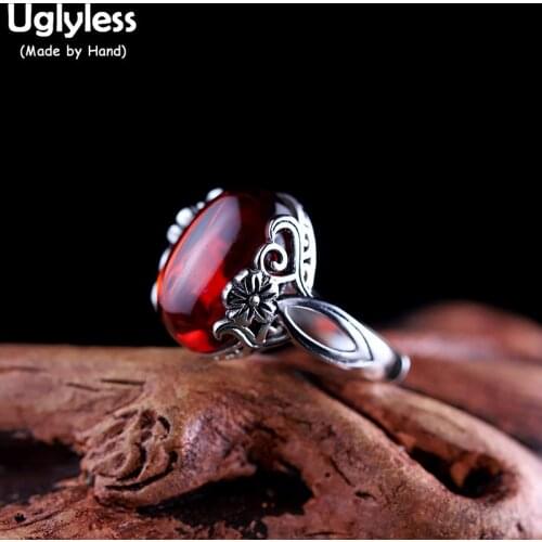 Uglyless Vintage Thai Silver Little Flowers Rings for Women Real 925 Silver Adjustable Open Rings Oval Chalcedony Jewelry R806