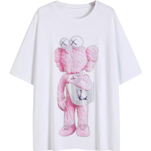 2021 Summer New European Embroidery Hot Drilling T-shirt Women Fashion Short Sleeve New Loose Plus Size Mid-Length Top Tees