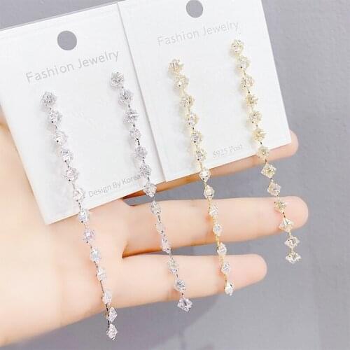 Delicate 14K Gold Plated Elegant Long Geometric Stud Earrings For Women Luxury Zircon CZ Earrings Gift