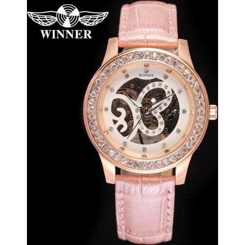 WINNER watch Pink openwork carved butterfly with diamond shiny ladies manual mechanical wrist watch
