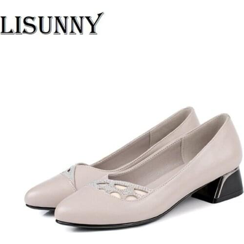 LISUNNY Women Pumps Lady Hollow Shoes 2020 New Fashion Genuine Leather Mid Heel Female Shoes Casual Sandals large size 35-43