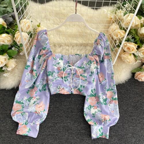 Holiday Style Summer Sweet Female Vintage Print Floral Crop Top Chic Lace-up Short Blouses Women Puff Sleeve Back Elastic Shirts