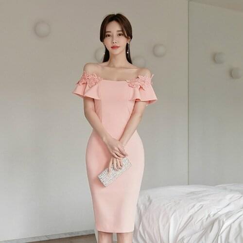 Pink Lace Patchwork Off Shoulder Dress Woman Slim Corset Midi Wrap Pencil Dress Ladies Casual Sheer Dresses for Women Summer