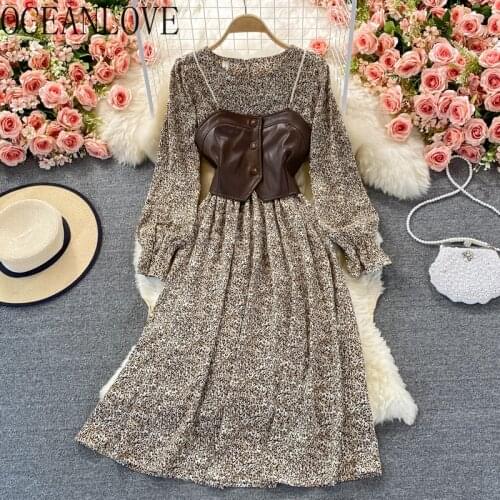 OCEANLOVE Vestidos Two Piece Chiffon Floral Vintage Autumn 2021 Ins Fashion Robe Femme Korean Style Puff Sleeve Women Dresses