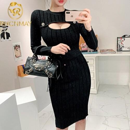 2020 New Women Sexy knitting Black Dress Long Sleeve O Neck Hollow Out Knee-Length Party Dress Lady Fashion Dress