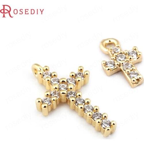 B064)2 pieces 24K Gold Color Plated Brass with Zircon Cross Charms Diy Jewelry Findings Earrings Accessories Wholesale