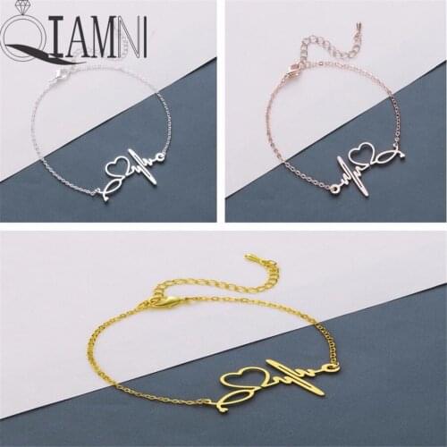 QIAMNI Stainless Steel Heartbeat Cardiogram Bracelet Multicolor Stethoscope Love Heart Chain Bangles Doctor Nurse Birthday Gift