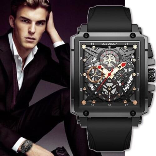 LIGE Mens Silicone Strap Creative Square Chronograph Quartz Wrist Watch Sports Waterproof Square Watch For Men Relogio Masculino