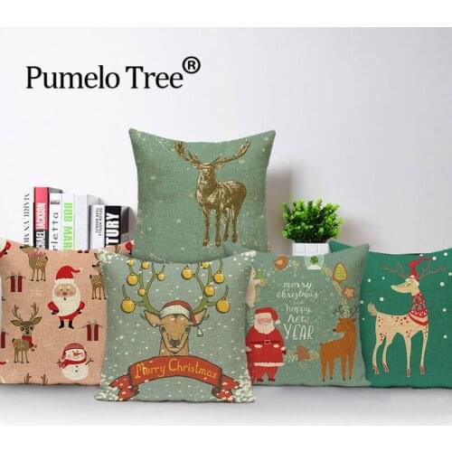 Happy Christmas Deer Decor Throw Pillow Case Cover Santa Claus Cushion Cover Merry Christmas Linen Decorative Sofa Pillows Cases