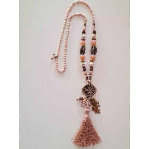 Goodtime Long Ethnic Necklace Wood & Glass & Indian Beads Womens Handmade Jewelry