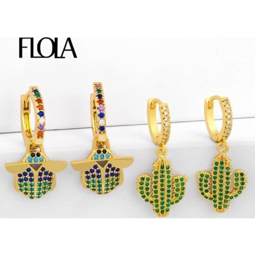 FLOLA CZ Cute Cactus Earrings For Women Rainbow Beetle Drop Earrings Cubic Zirconia Huggies Crystal Gold Beach Jewelry erss95
