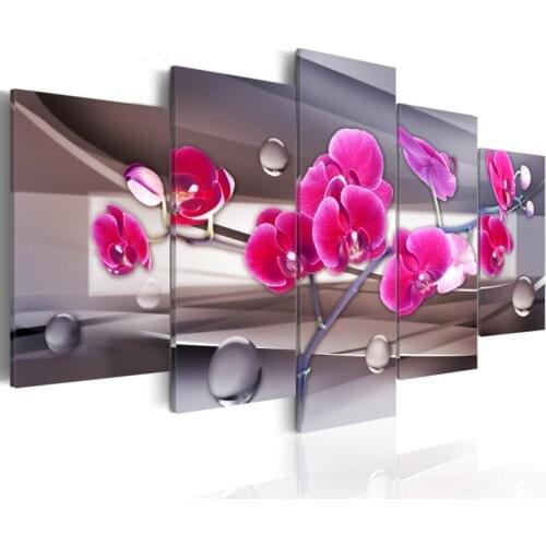 Full Round Drill Diamond 5D 5 Pcs Embroidery Cross Stitch Picture Flower Wall Art Handmade Gift Painting Pink Orchid Home Decor