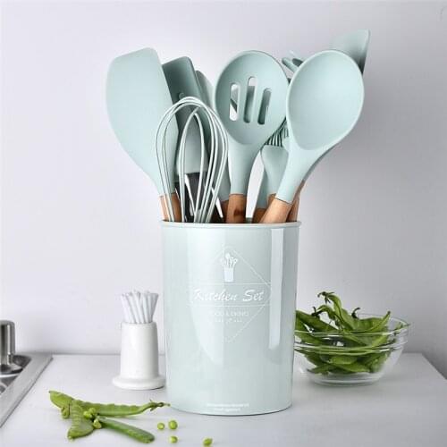 9pcs/11pcs Silicone Cooking Utensils Set Non-stick Spatula Shovel Wooden Handle Cooking Tools Set with Storage Box Kitchen Tools