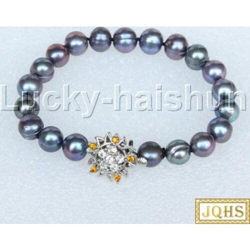 Natural 8" 9mm round peacock black freshwater pearls Beaded Strand knotted bracelet 18KGP j11675
