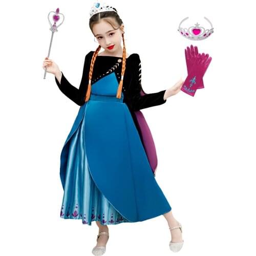 Princess Dress Girls Snow Queen Carnival Anna Cosplay Costume Kids Robe Birthday Anna Costume Kids Long Sleeve Floral Lush Dress