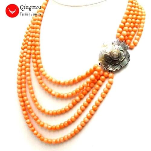 Qingmos 5-6mm Round Natural Pink coral neckalce for Women with Genuine Coral 5 Strands 18-23" Chokers & Shell Clasp nec5202